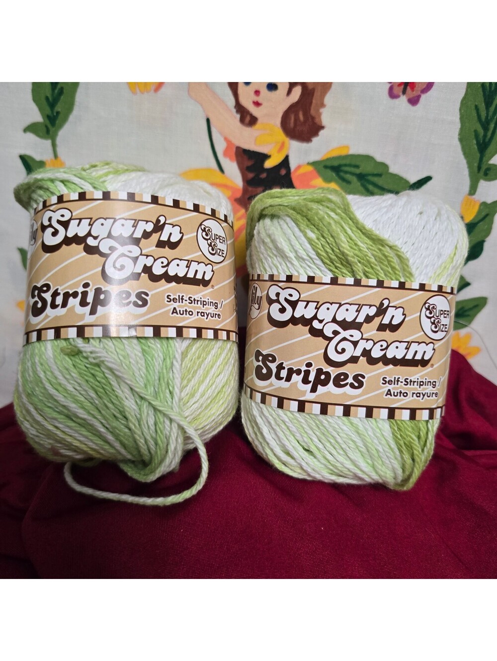 Lot of 2 Lily Sugar'n Cream Super Size Lime Stripes Cotton Yarn 120 yds 2.5 oz